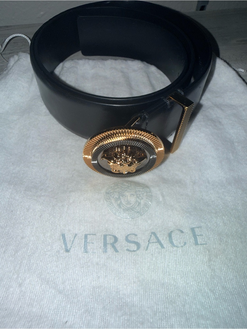 Versace Black Leather Belt with Gold Medusa Round Buckle